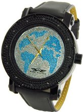 King Master Genuine Diamond World Map Black Case Dark Gray Leather Band w/ 2 Interchangeable Bands #KM-536