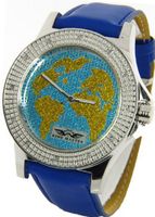 King Master Genuine Diamond World Map Silver Case Blue Leather Band w/ 2 Interchangeable Bands #KM-532