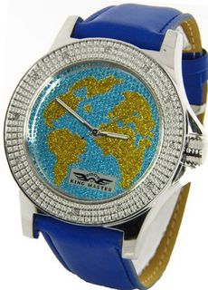 King Master Genuine Diamond World Map Silver Case Blue Leather Band w/ 2 Interchangeable Bands #KM-532