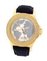 King Master Gold Tone Case Black Leather Band Wother Of Pearl World Map Dial 0.12Ct Diamond 105M