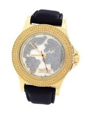 King Master Gold Tone Case Black Leather Band Wother Of Pearl World Map Dial 0.12Ct Diamond 105M