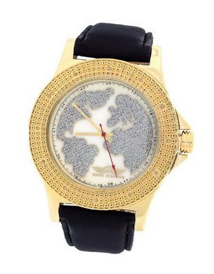 King Master Gold Tone Case Black Leather Band Wother Of Pearl World Map Dial 0.12Ct Diamond 105M