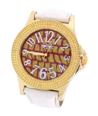 King Master Gold Tone Case White Leather Band 0.12Ct Diamond 105M