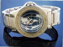 King Master Quartz Yellow Gold Tone Case 12 Diamonds Black World Map