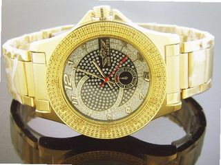 King Master Quartz Yellow Gold Tone Case 12 Diamonds Silver Looks Face