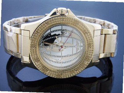 King Master Quartz Yellow Gold Tone Case 12 Diamonds Yg World Map Face