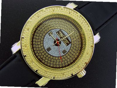 New King Master 50mm Round 12 Diamond Gold Tone Case Face Black Band
