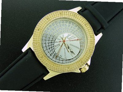 Nnew King Master 50mm Round 12 Diamond Gold Tone Case Black Band