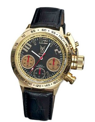Black Leather Chronograph Gold Case Large Face Black Dial German Design Konigswerk AQ100128G