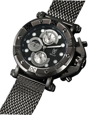 Black Mesh Band Large Face Multifunction Day Date Sun Moon Display Konigswerk AQ101136G