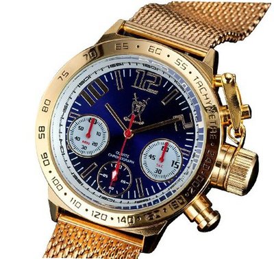 Classic Chronograph Gold Mesh Bracelet Large Face Blue Dial German Design Konigswerk AQ100127G
