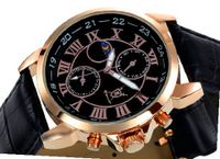 Classic Leather Strap Rose Gold Case Black Dial Roman Numerals Day Date Sun Moon Display Konigswerk AQ202469G