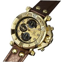 Designer Big Face Brown Leather Strap Gold Dial Multifunction Day Date Konigswerk AQ101131G