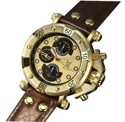 Designer Big Face Brown Leather Strap Gold Dial Multifunction Day Date Konigswerk AQ101131G