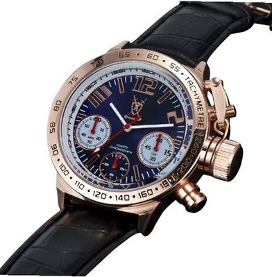 Designer Chronograph Black Leather Strap Rose Gold Case Large Face Blue Dial Konigswerk AQ100129G