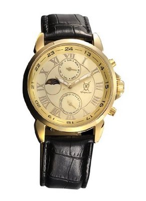Gold Black Leather Strap Roman Numerals Day Date Sun Moon Display Konigswerk AQ202468G