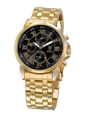 Gold Bracelet Black Dial Roman Numerals Day Date Sun Moon Display Konigswerk AQ101090G