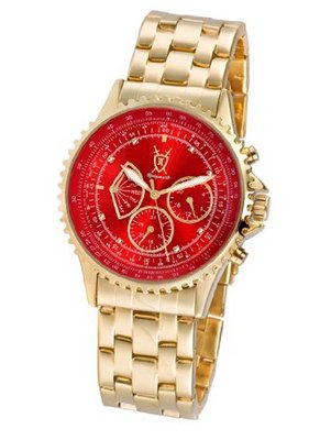Gold Bracelet Red Dial Diamond Accent Multifunction Day Date Konigswerk AQ101105G
