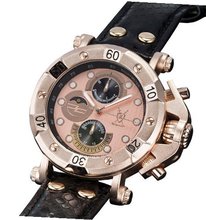 Rose Gold Unique Big Face Black Leather Strap Multifunction Day Date Konigswerk AQ101132G