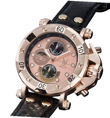 Rose Gold Unique Big Face Black Leather Strap Multifunction Day Date Konigswerk AQ101132G