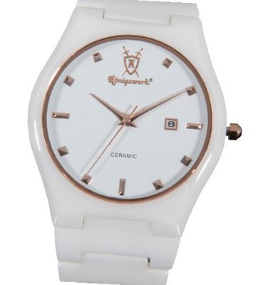 White Ceramic Rose Gold Bezel Hour Markers Date Konigswerk CQ34G