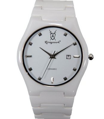 White Ceramic Silver Hour Markers Date Designer Konigswerk CQ32G