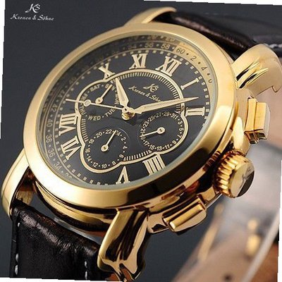 Brand New Automatic Mechanical Date Day Black Leather 6 Hands Sport