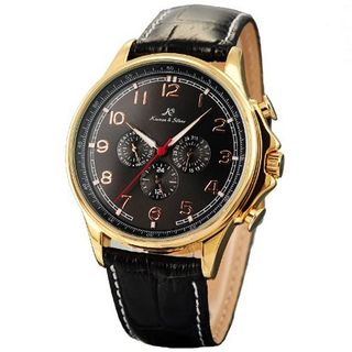 KS Automatic Mechanical 6 Hands Golden Case Date Day Leather Band  KS054