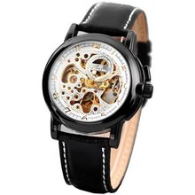 KS  Black Leather Band Automatic Mechanical Skeleton Waterproof Sport KS035