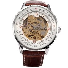 KS Carving Golden Skeleton Auto Mechanical Brown Leather Elegant Wrist KS111