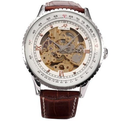 KS Carving Golden Skeleton Auto Mechanical Brown Leather Elegant Wrist KS111
