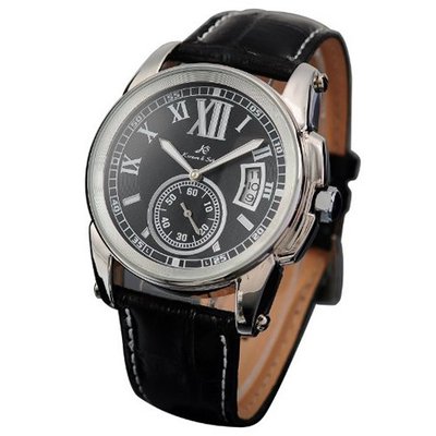 KS Date Day Automatic Mechanical Black Leather Wrist + Gift Box KS066