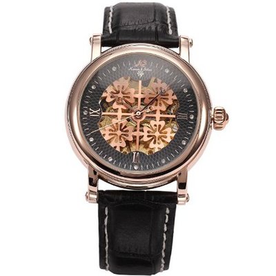 KS Elegant Gold Case Skeleton Automatic Mechanical Black Leather Wrist KS122