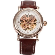 KS Elegant Gold Case Skeleton Automatic Mechanical Brown Leather Wrist KS121