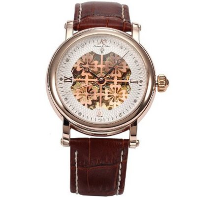 KS Elegant Gold Case Skeleton Automatic Mechanical Brown Leather Wrist KS121