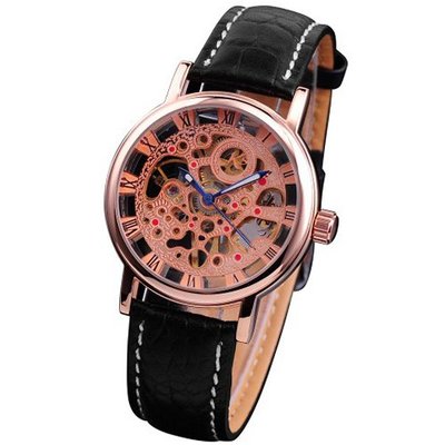 KS Elegant Skeleton Mechanical Black Leather Band Rose Gold Dial Wrist KS023