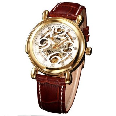 KS Elegant Skeleton White Dial Automatic Mechanical Brown Leather Wrist KS105