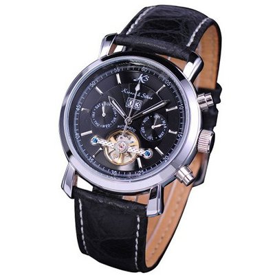 KS  Genuine Leather Tourbillion Mechanical Classic Black Military Wrist KS003
