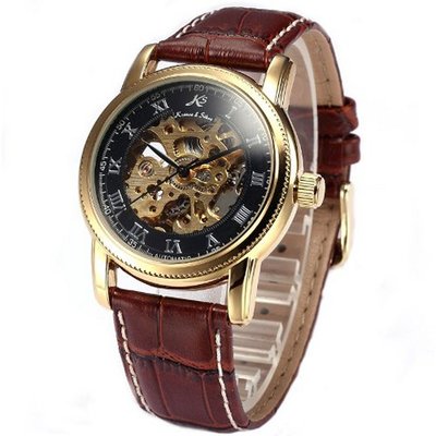 KS Gold Skeleton Automatic Mechanical Leather Wrist KS032