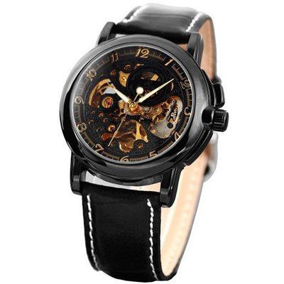 KS  Luxury Skeleton Automatic Mechanical Black Leather Analog Sport KS036