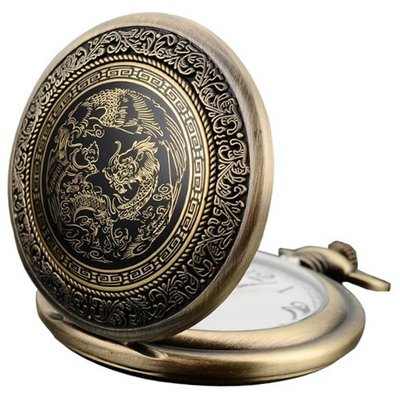 KS Retro Bronze Tone Dragon & Phoenix Dangle Pendant Pocket Quartz + Gift Box