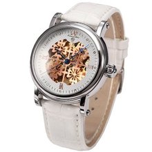 Ks Royal Carving Automatic Mechanical Skeleton White Leather Band Wrist KS116