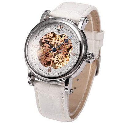 Ks Royal Carving Automatic Mechanical Skeleton White Leather Band Wrist KS116