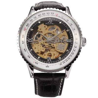 Ks Royal Carving Luxury Automatic Mechanical Skeleton Black Leather Wrist KS110