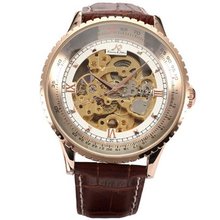 KS Royal Carving Skeleton Rose Gold Case Auto Mechanical Brown Leather KS113