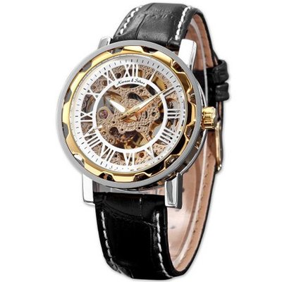 KS Skeleton Automatic Mechanical White Dial Black Leather Band Sport KS081