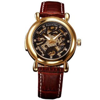 KS Skeleton Luxury Automatic Mechanical Gold Case Leather Elegant Wrist KS104