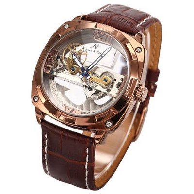 Ks Transparent Skeleton Coffee Leather Automatic Mechanical Wrist KS136
