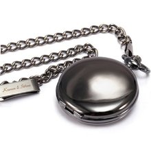 KS Vintage Polished Pendant Black Steel Case Chain Quartz Awesome Pocket KSP001
