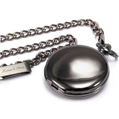 KS Vintage Polished Pendant Black Steel Case Chain Quartz Awesome Pocket KSP001